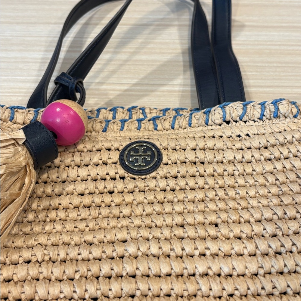 Tory Burch Small Straw Tote - Navy and Tan with Light Blue and Hot Pink Details - Picture 2 of 5